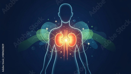 Human body with glowing kidneys and urinary system illustrating renal health and function