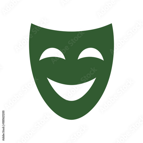 A simple green theatrical mask displaying a happy smiling expression
