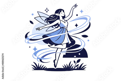 Dreamy fairy waltz. Elegant fairy floating just above grass, ribbons of light tracing her dance. Calm magical