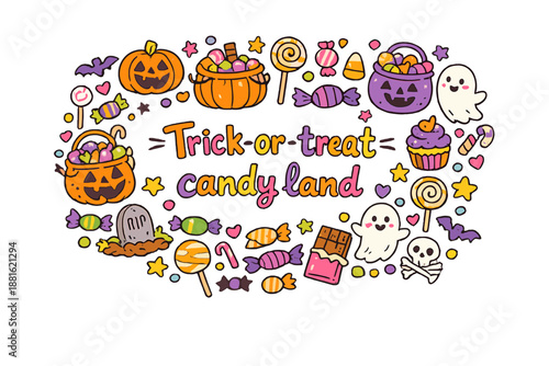 Trick-or-Treat Candyland. Trick-or-treat candy land. Hand-drawn doodle illustration of Trick-or-treat candy