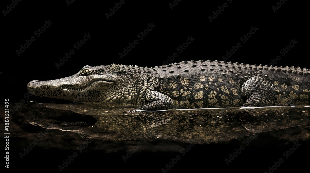 Fototapeta premium Powerful Nile crocodile emerging from shallow pool, close-up scaly texture, dark reflective water, embodying raw wilderness dominance