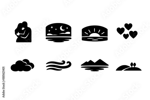 Couple in dreamy pink twilight. Filled icon set of Couple in dreamy pink twilight: embracing