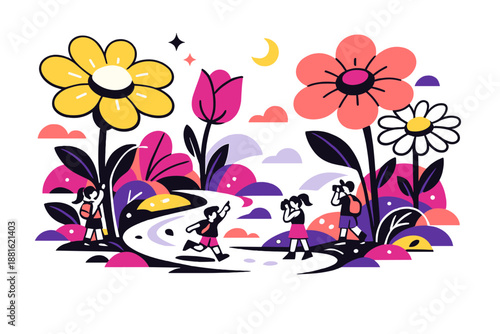 Garden of giant flowers fantasy. Towering blossoms rising above tiny paths, oversized petals glowing softly in