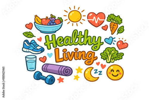 Healthy Living Doodles. Healthy Living. Hand-drawn doodle illustration of Healthy Living. fruits bowl,