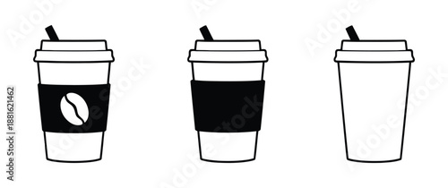 A versatile set of takeaway coffee cup icons, featuring different lid styles, coffee bean logos, and whipped cream toppings. Hot coffee cup icon. Paper coffee cup icon isolated on white background.
