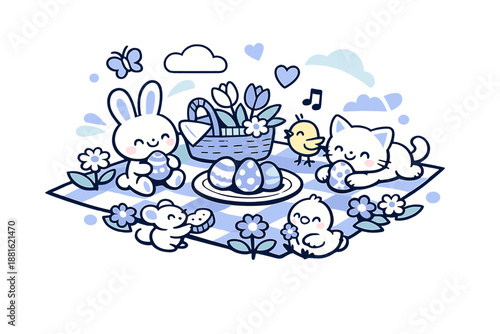 Pastel spring Easter scene. A picnic blanket with painted eggs, flowers, and tiny animals