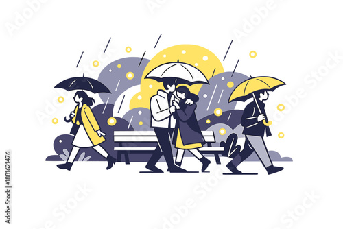 Spring rain with glowing lights. Umbrellas moving through a city park, tiny light orbs glowing like fireflies