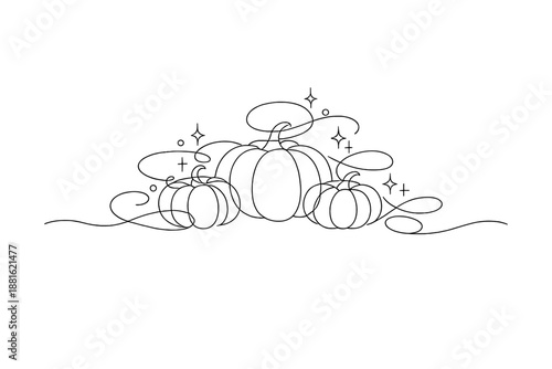 "Glowing enchanted pumpkins". Minimalistic one-line drawing cluster of pumpkins with