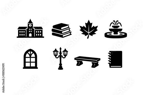 Academia autumn scene. Filled icon set of Academia autumn scene: old university building,