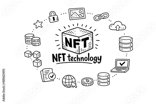 NFT technology. Hand-drawn doodle illustration of NFT technology. In the middle, one slightly larger central