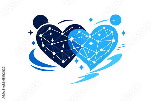 Interstellar affection abstract art. Abstract hearts made of constellations, lines connecting stars like