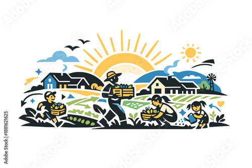 Sunrise over farmhouse fields. Simple houses silhouetted against the sky, smoke gently rising, light spreading