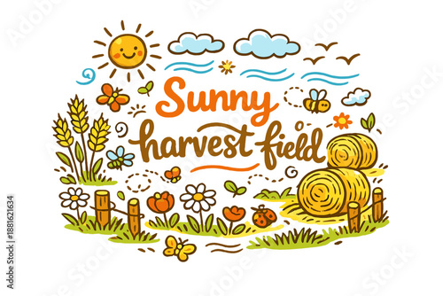 Sunny harvest field. Hand-drawn doodle illustration of Sunny harvest field. ripe grain, sun, hay bales, birds,