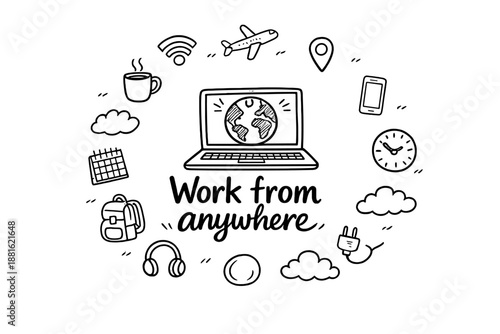 Work from anywhere. Hand-drawn doodle illustration of Work from anywhere. In the middle, one slightly larger