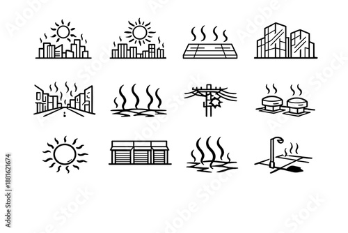 Overheated downtown. Line outline icon set of Overheated downtown: downtown skyline heat, blazing sun above