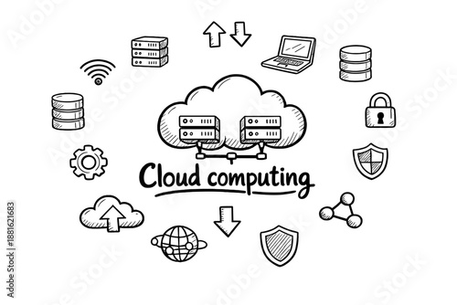Cloud computing. Hand-drawn doodle illustration of Cloud computing. In the middle, one slightly larger central