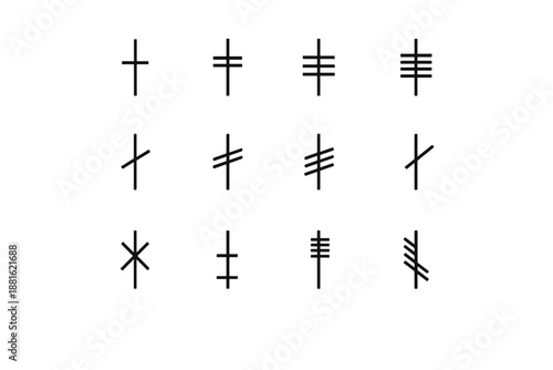 Ogham script symbols. Line outline icon set of Ogham script symbols: birch mark, rowan mark, alder mark,