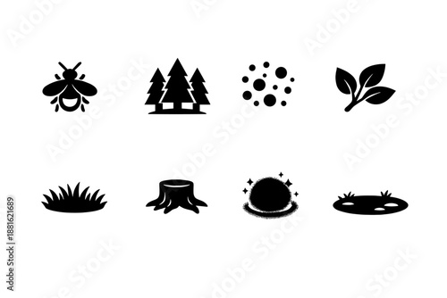 Fireflies in summer forest. Filled icon set of Fireflies in summer forest: glowing firefly,