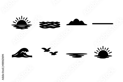 Ocean sunset scene. Filled icon set of Ocean sunset scene: sun dipping, open sea, rolling