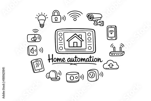 Home automation. Hand-drawn doodle illustration of Home automation. In the middle, one slightly larger central