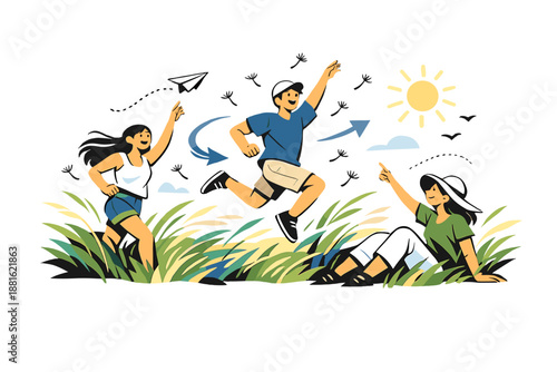 Summer breeze in the fields. Tall grass waves in rhythm, seeds drifting through sunlight, sky wide and open