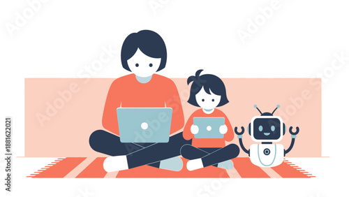 Woman and child with robot toy.