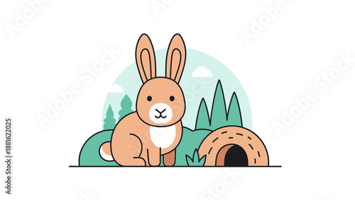 Adorable cartoon bunny sitting outdoors near a cozy burrow with lush greenery