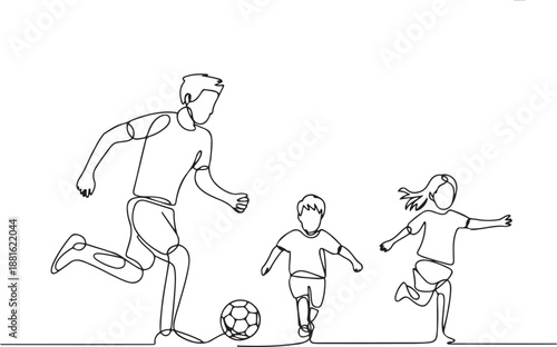 One single line drawing of young father run and play football soccer with his son and daughter.one line vector illustration with out background