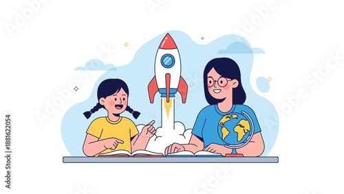Woman and girl with model rocket.