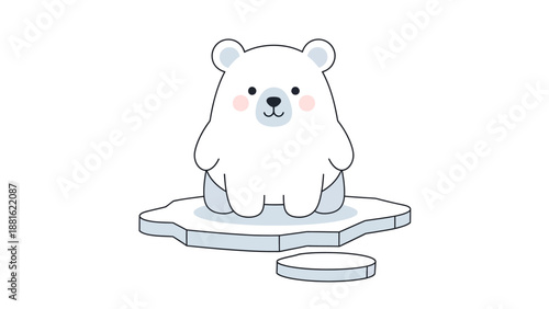 Adorable cartoon polar bear sitting on ice slab with coin on plain background
