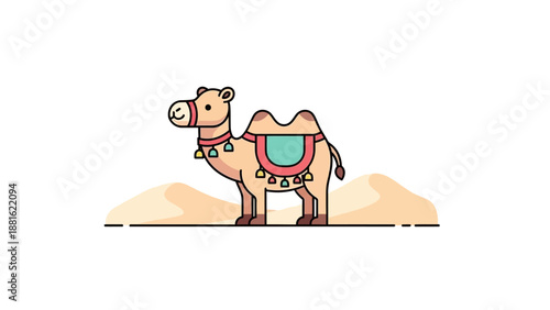 Cute cartoon camel in desert landscape with colorful saddle and minimal