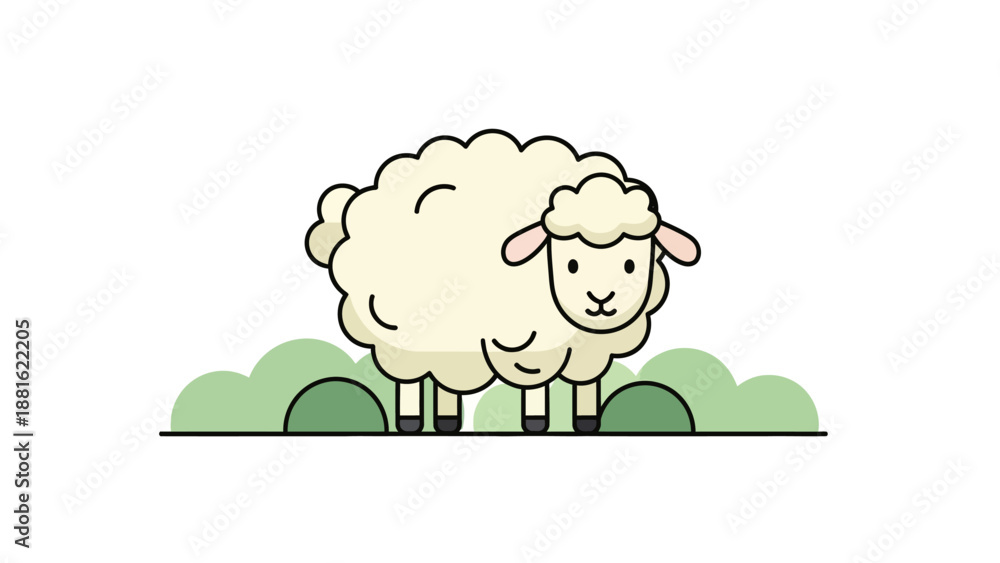 Obraz premium Adorable Cartoon Sheep Standing on Green Grass with Cloudy Background for Kids