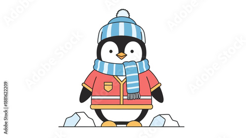 Adorable cartoon penguin dressed warmly in winter clothing standing on icy