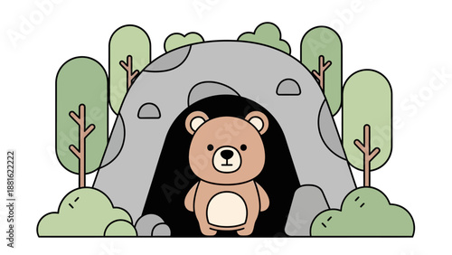 Cute cartoon bear emerging from a rocky cave surrounded by trees and shrubs in