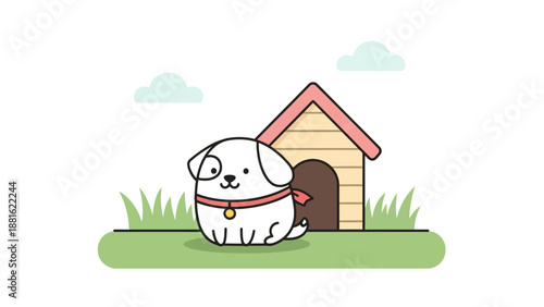 Adorable cartoon dog sitting happily outside its cozy wooden house in a