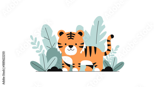 Cute cartoon tiger resting amidst lush green foliage for children's illustration