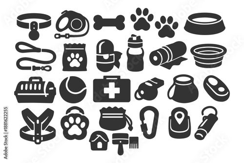 Essential pet supplies icons set: collars, paw prints, and safety tools.