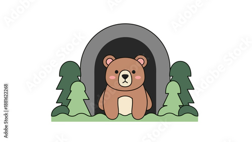 Adorable Cartoon Bear Cub Sitting Near Cave Entrance Surrounded by Trees