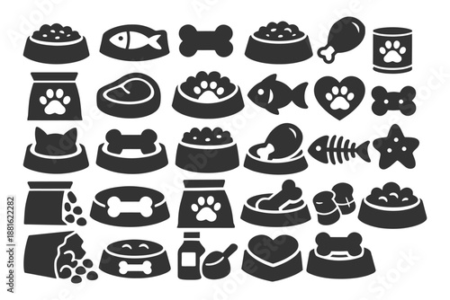 Collection of pet icons featuring food, toys, and accessories.
