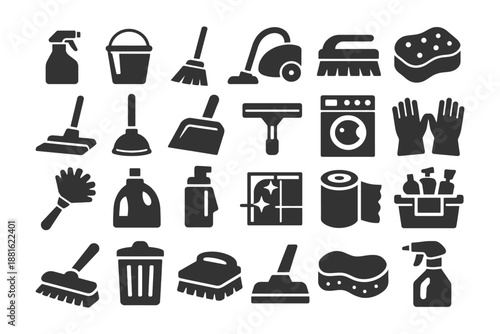 Comprehensive collection of cleaning tools and supplies icons in black and white.