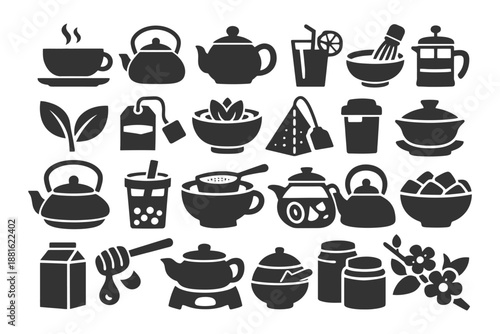 Variety of tea and beverage icons including teapots, cups, and ingredients.