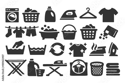Laundry and ironing icons: washing machine, detergent, iron, clothesline, basket.