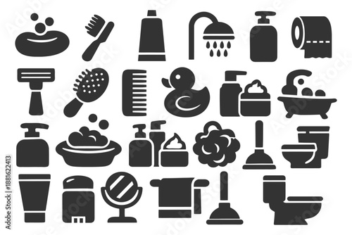 Collection of bathroom icons including towel, razor, and soap dispenser.