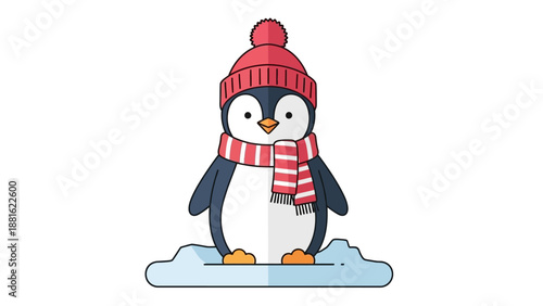 Adorable cartoon penguin dressed warmly with a red cap and striped scarf