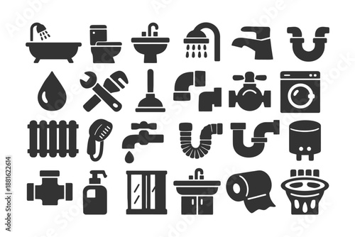 Bathroom and plumbing icon set: tub, faucet, pipes, tools, fixtures.