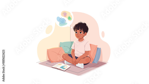 Young boy sitting on floor reading.