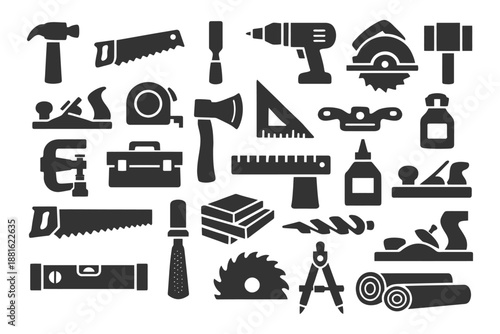 Assorted silhouette hand and power tools set for woodworking.