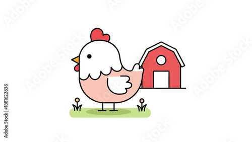 Cute cartoon chicken standing on green grass near a red barn illustration