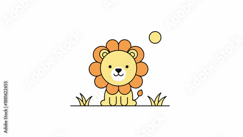 Adorable cartoon lion sitting peacefully under a bright sun in a minimalistic