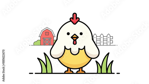 Adorable cartoon chicken standing outdoors with a red barn and white fence